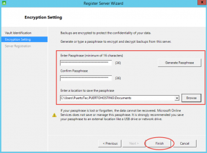 Ilustración 14 – Instalación de Agente de Azure Backup en Windows Server. Configuración de Passphrase.