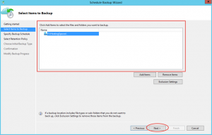 Ilustración 19 – Creación de Tarea de Backup en Azure Backup Agent de Windows Server. Selección de elementos a resguardar.