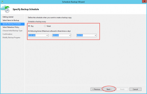 Ilustración 20 – Creación de Tarea de Backup en Azure Backup Agent de Windows Server. Configuración de Periodicidad.