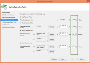 Ilustración 22 – Creación de Tarea de Backup en Azure Backup Agent de Windows Server. Configuración de Retención.