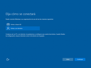 Ilustración x – Instalación de Windows 10 Build 10130. OOBE de Windows 10 Professional. Elección de "Unirse a un dominio" lo que genera un usuario local.