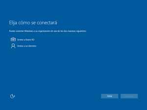 Ilustración x – Instalación de Windows 10 Build 10130. OOBE de Windows 10 Professional. Selección de registro en Azure AD o en un Servicio de Directirio basado en ADDS.